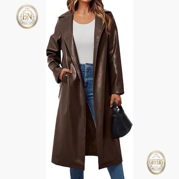 Faux Leather Trench Coat with Notched Lapel and Waist Belt